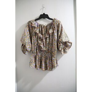 Entro Floral Ruffle Top Medium‎ M Orange Purple Yellow Blouse Elastic Waist